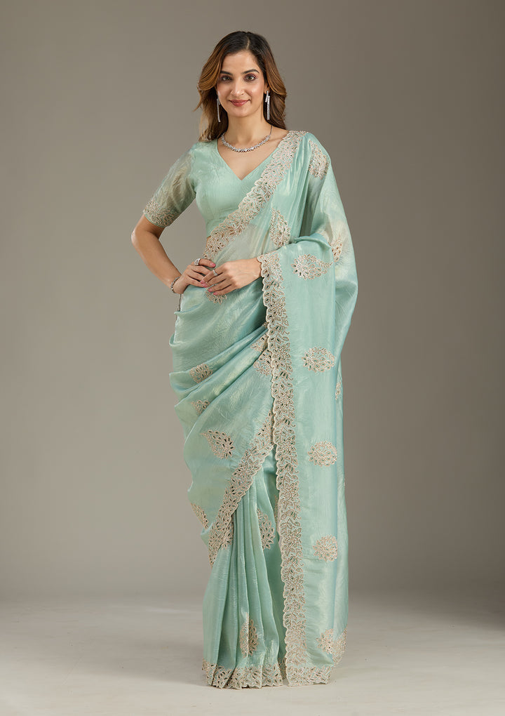 Sea Green Cutwork Tissue Saree