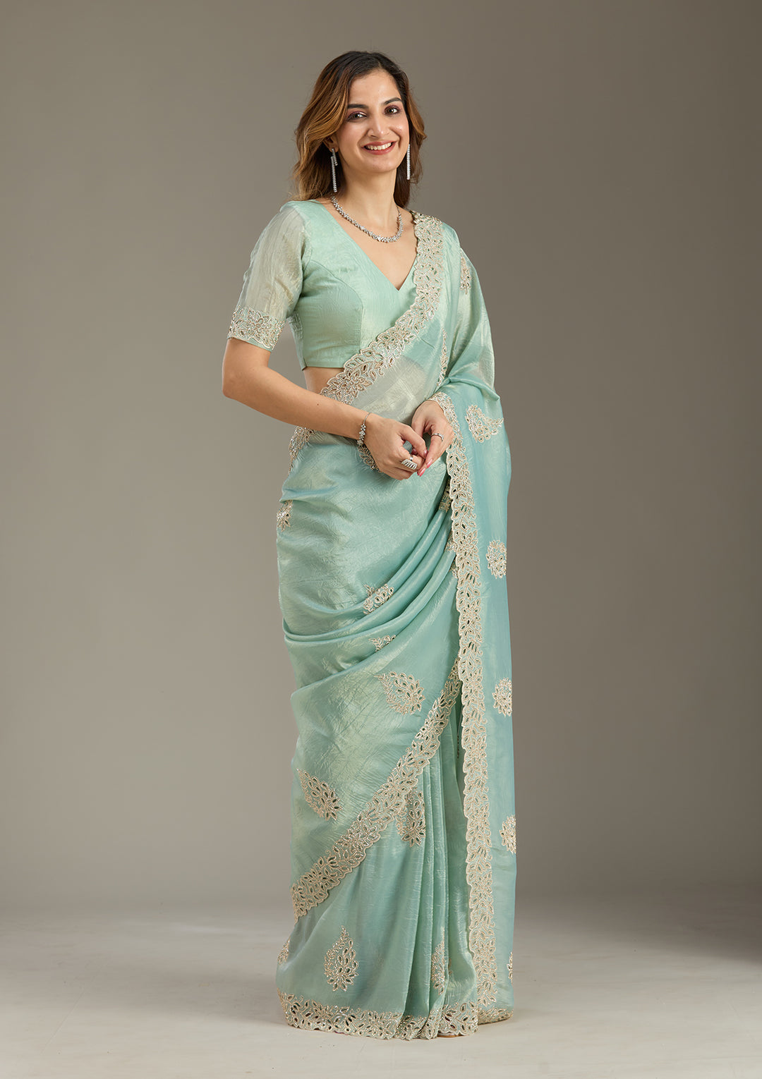 Sea Green Cutwork Tissue Saree