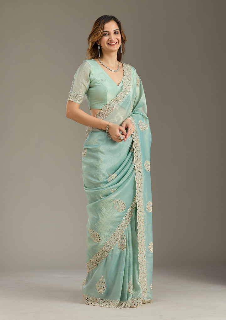Sea Green Cutwork Tissue Saree