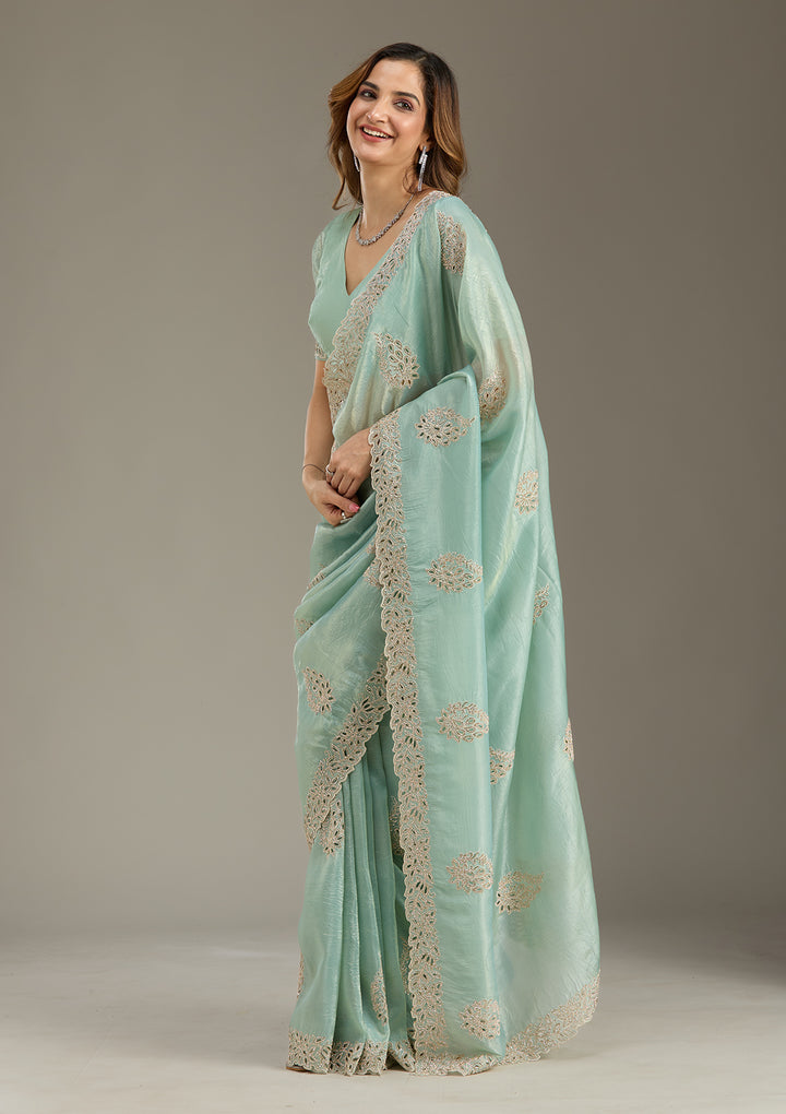 Sea Green Cutwork Tissue Saree