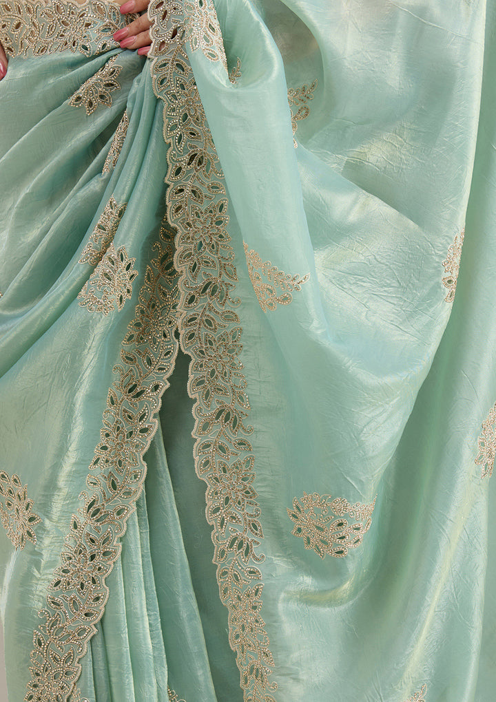 Sea Green Cutwork Tissue Saree