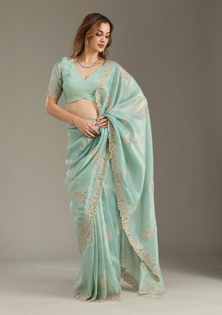Sea Green Cutwork Tissue Saree