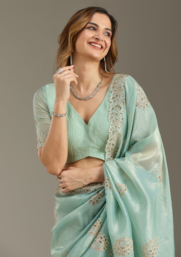 Sea Green Cutwork Tissue Saree