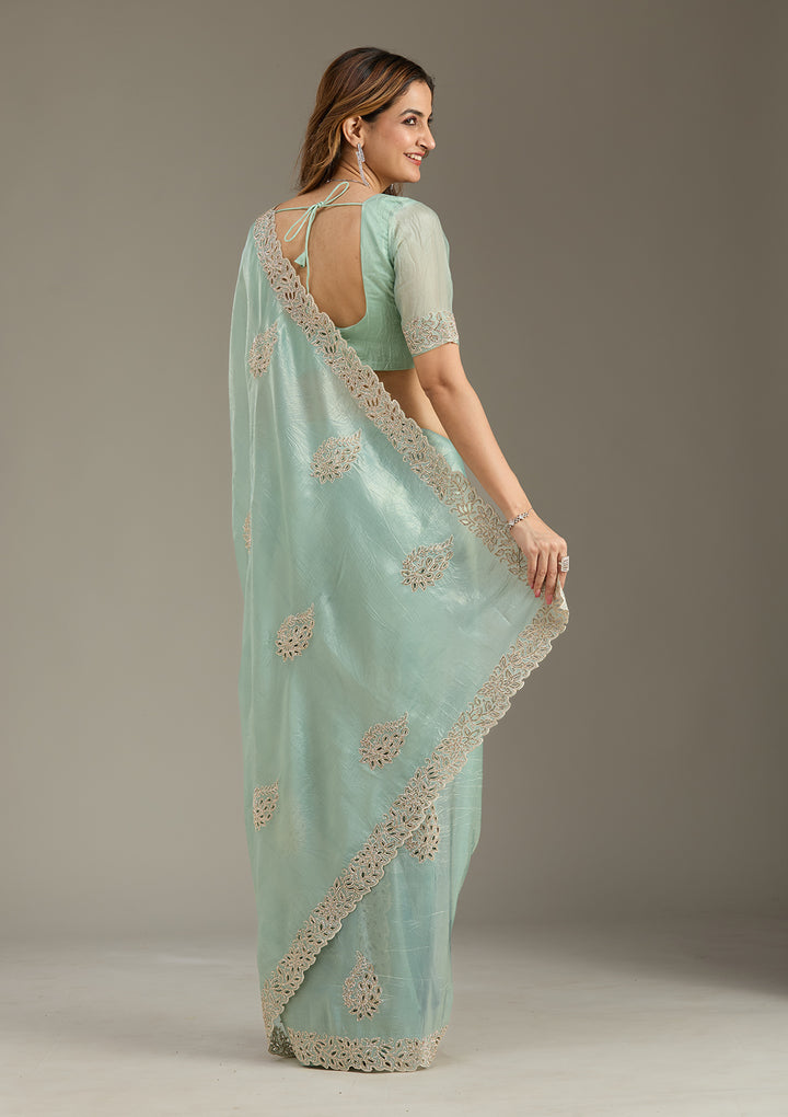 Sea Green Cutwork Tissue Saree
