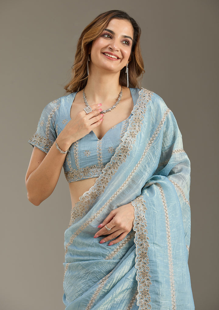 Blue Cutwork Tissue Saree