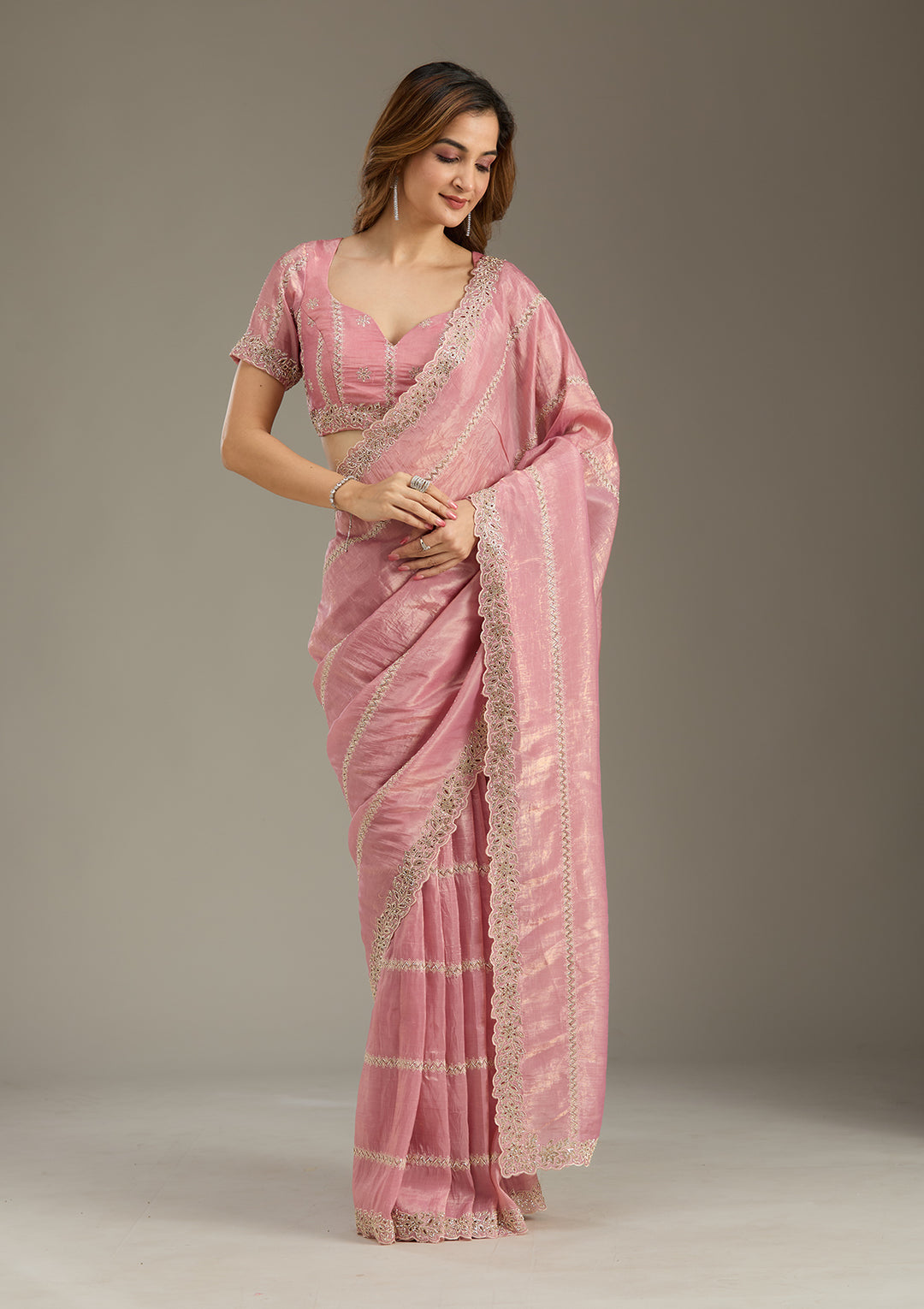 Pink Cutwork Tissue Saree