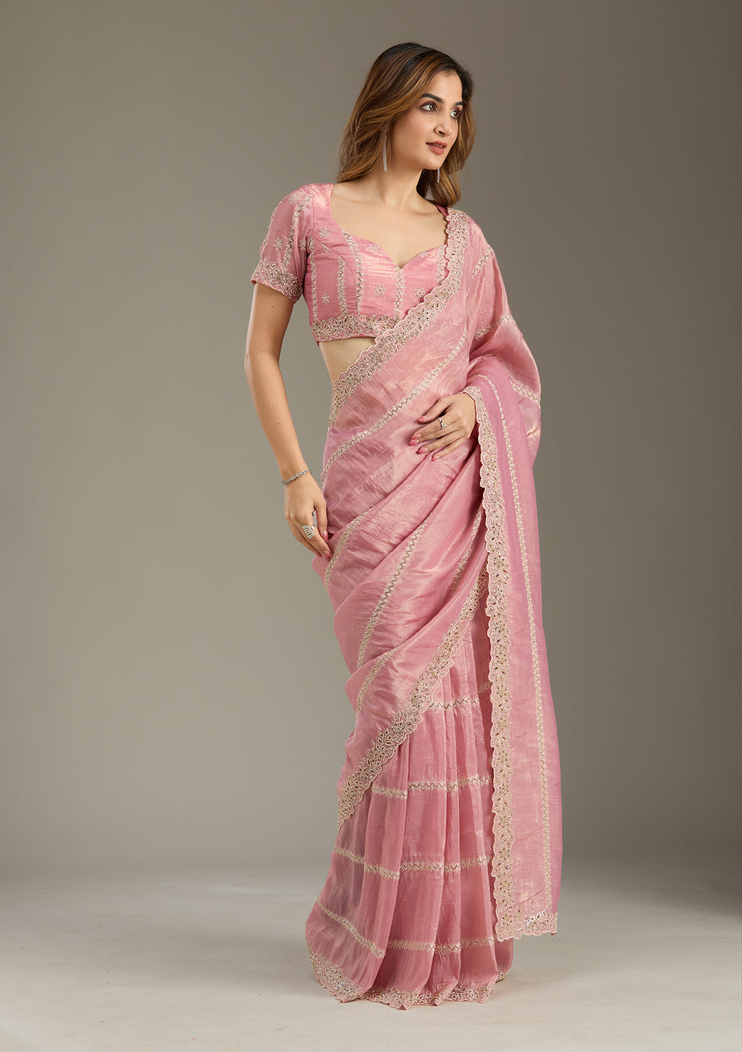 Pink Cutwork Tissue Saree