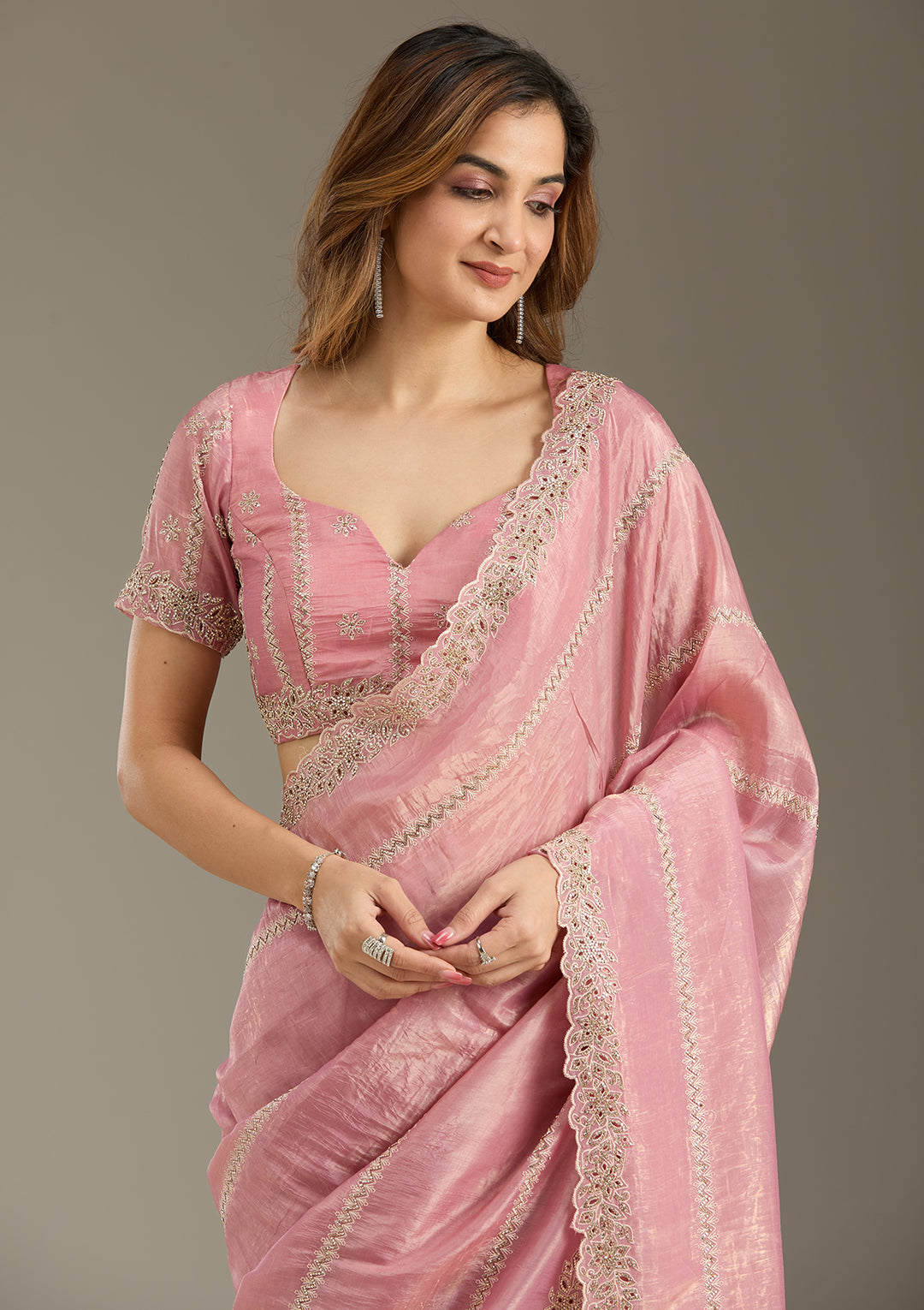 Pink Cutwork Tissue Saree