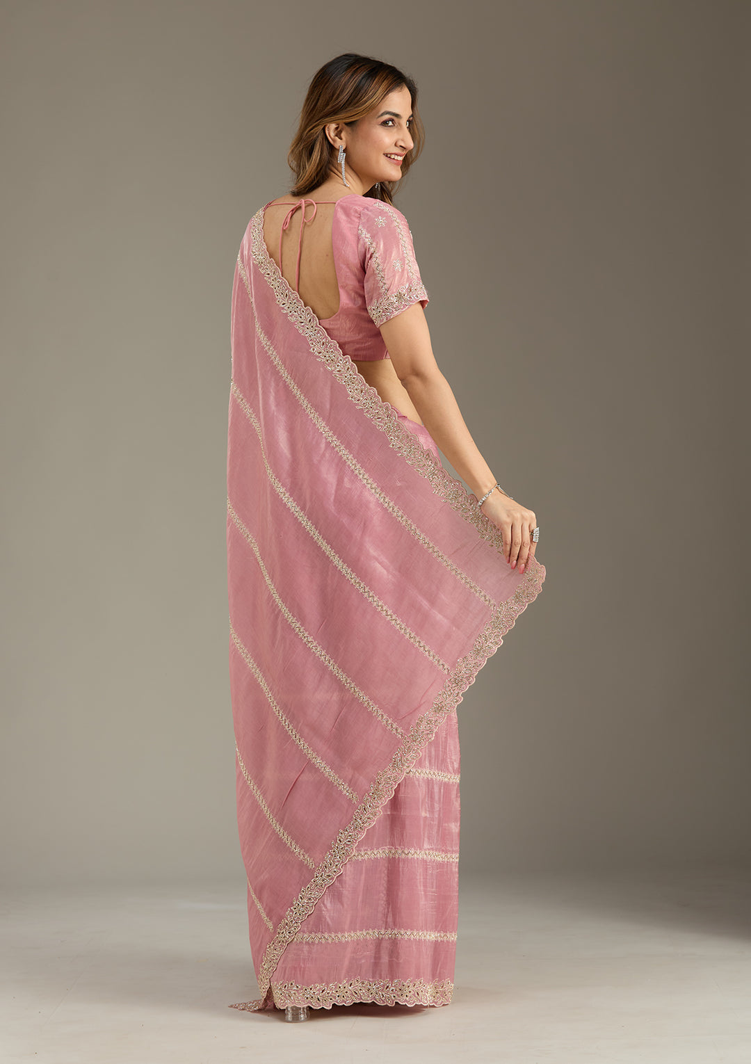 Pink Cutwork Tissue Saree