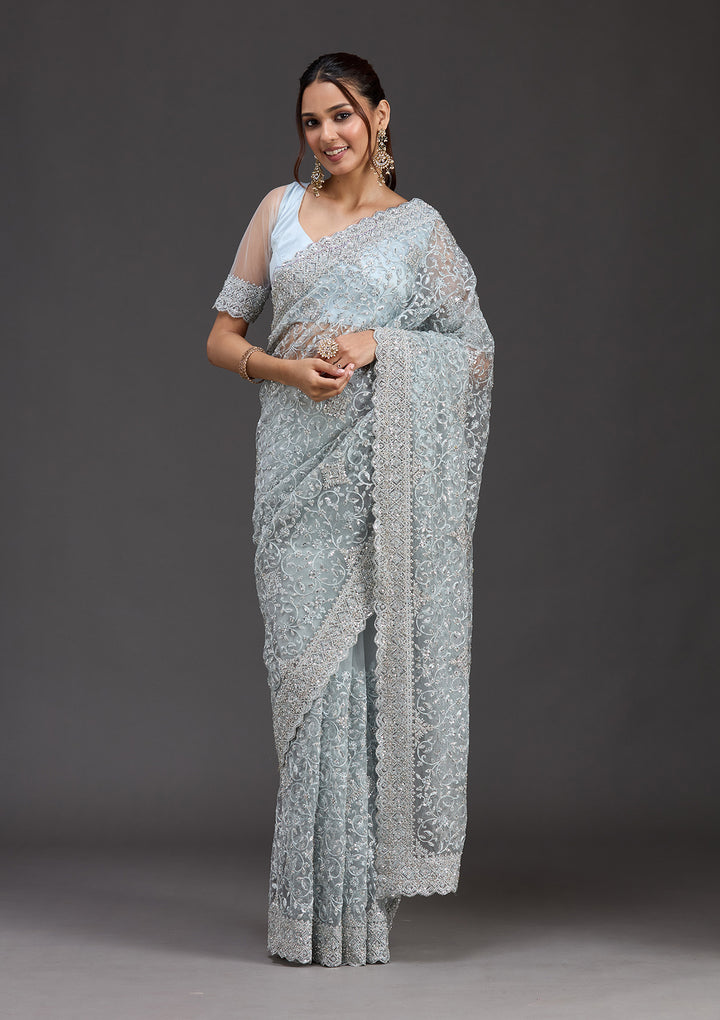 Sky Blue Stonework Chiffon Saree