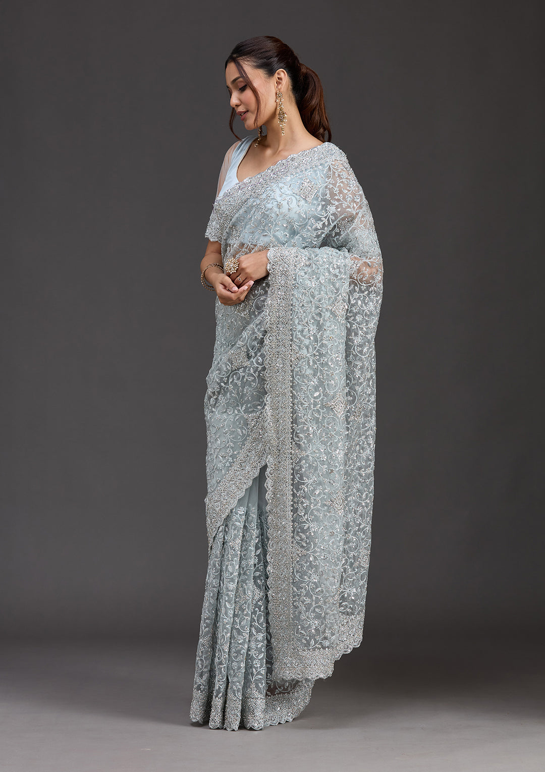 Sky Blue Stonework Chiffon Saree