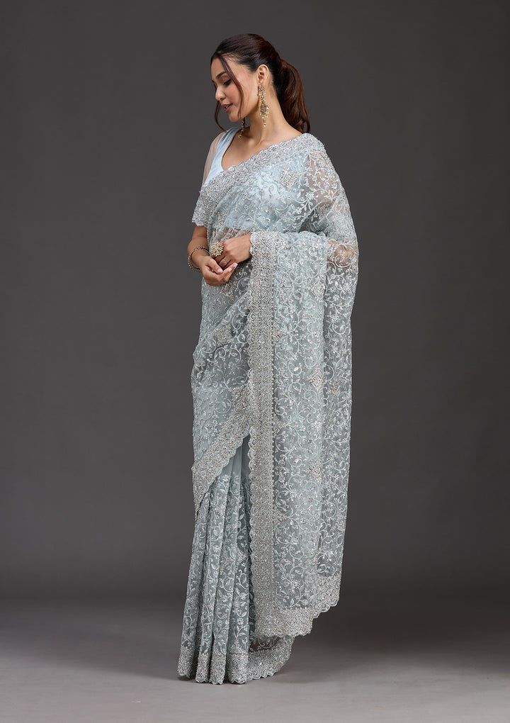 Sky Blue Stonework Chiffon Saree