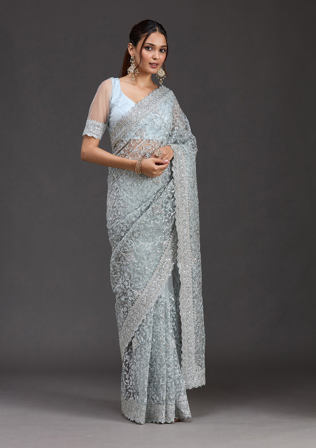 Sky Blue Stonework Chiffon Saree