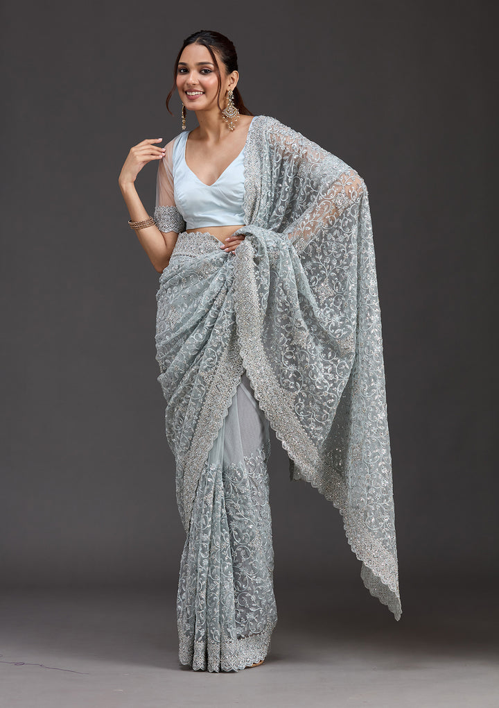 Sky Blue Stonework Chiffon Saree