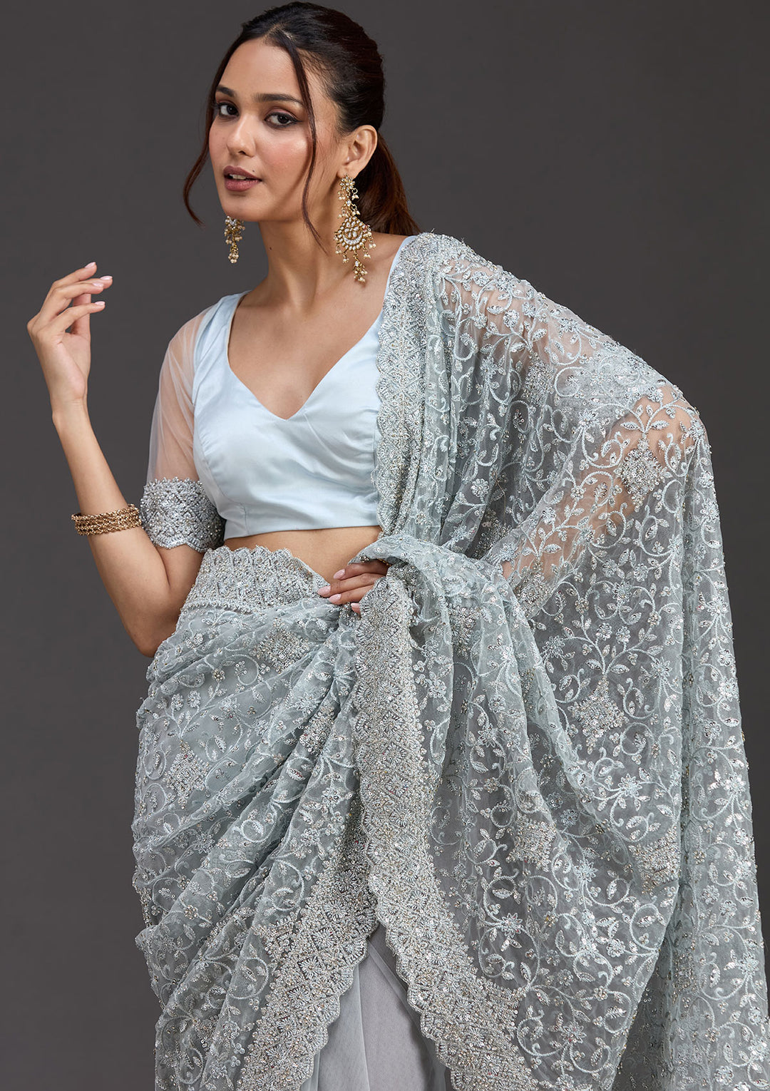 Sky Blue Stonework Chiffon Saree