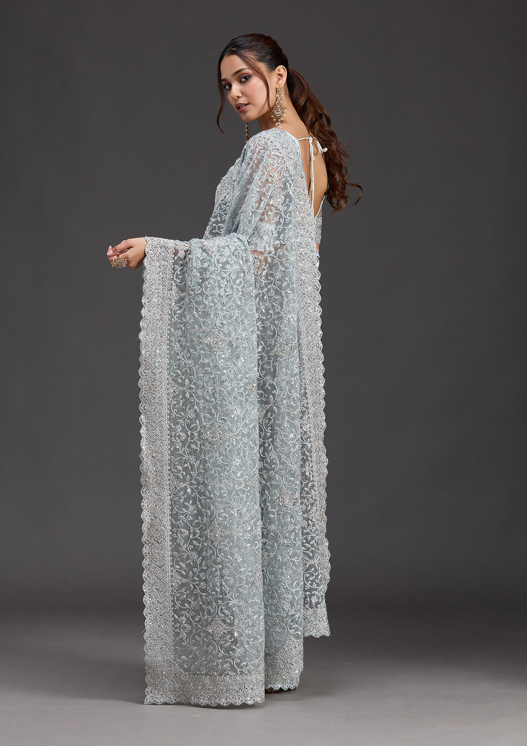 Sky Blue Stonework Chiffon Saree