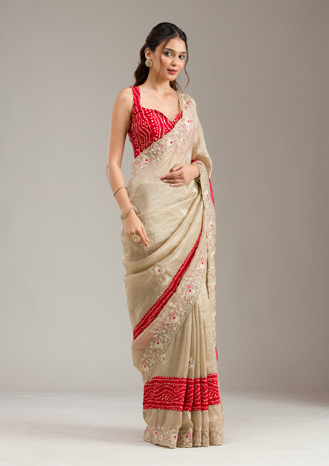Beige Zariwork (Gold) Organza Saree