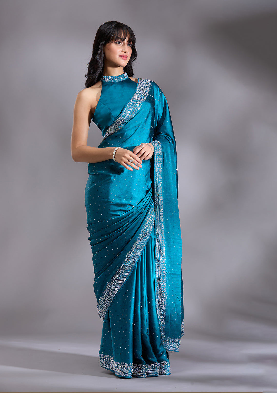 Peacock Blue Silver Stonework Satin Saree