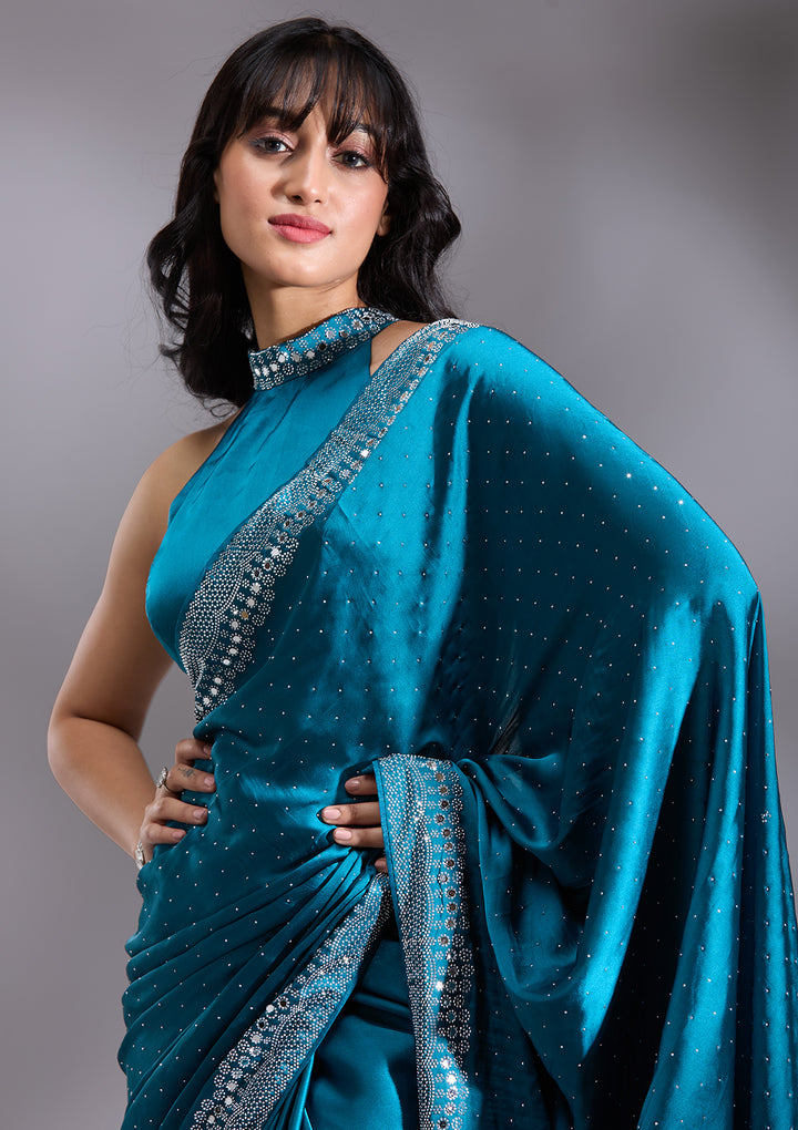Peacock Blue Silver Stonework Satin Saree