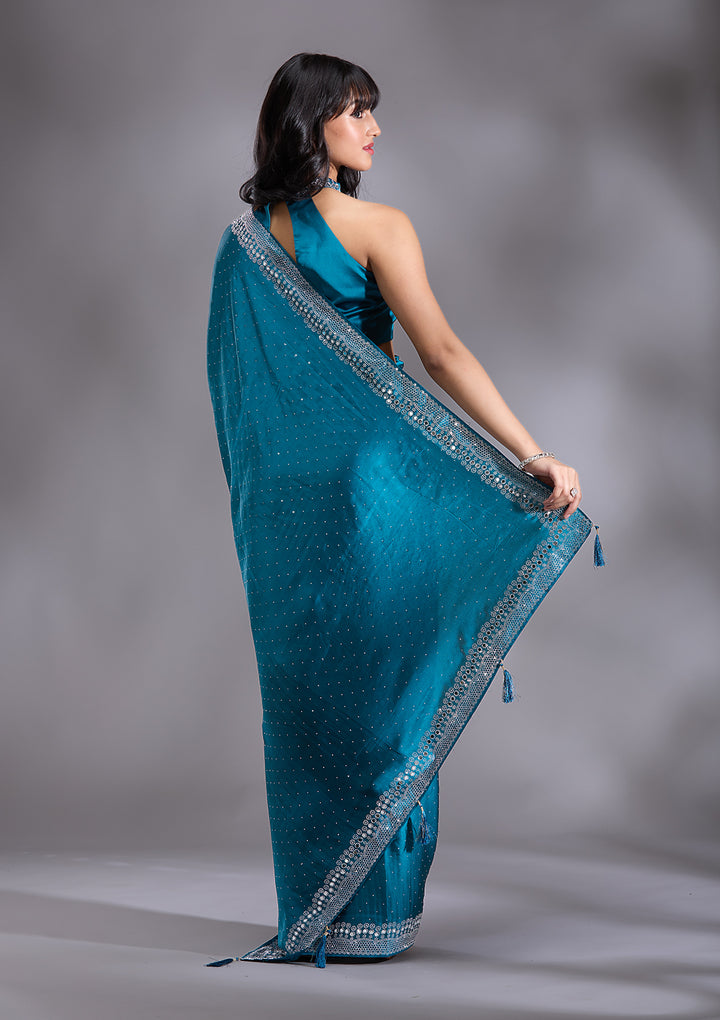Peacock Blue Silver Stonework Satin Saree
