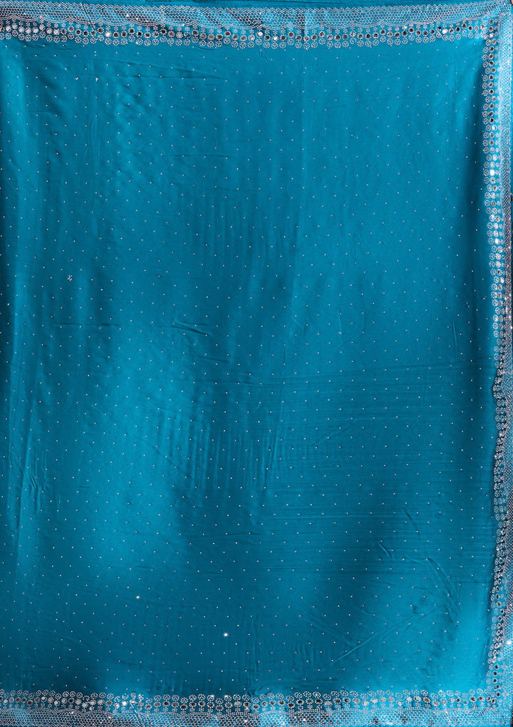 Peacock Blue Silver Stonework Satin Saree