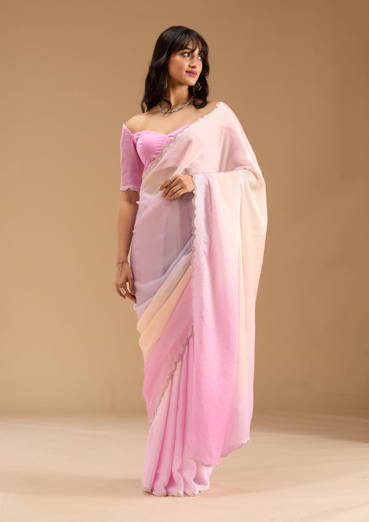 Baby Pink Silver Stonework Satin Saree
