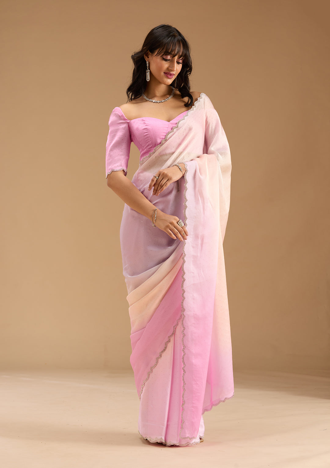 Baby Pink Silver Stonework Satin Saree