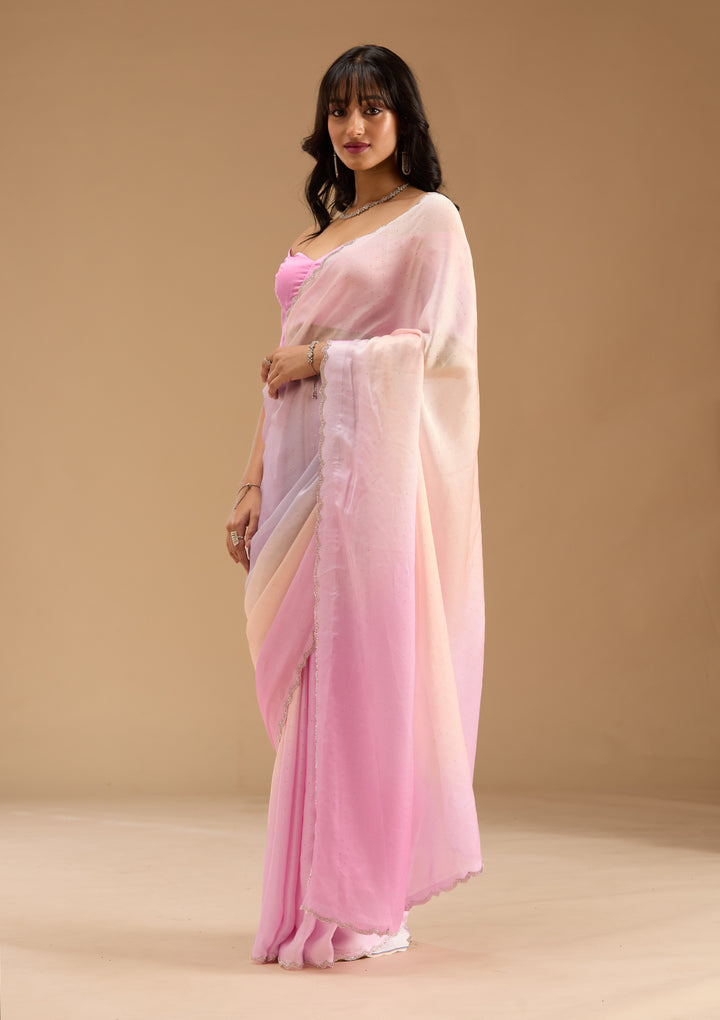 Baby Pink Silver Stonework Satin Saree