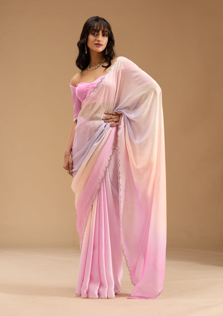 Baby Pink Silver Stonework Satin Saree