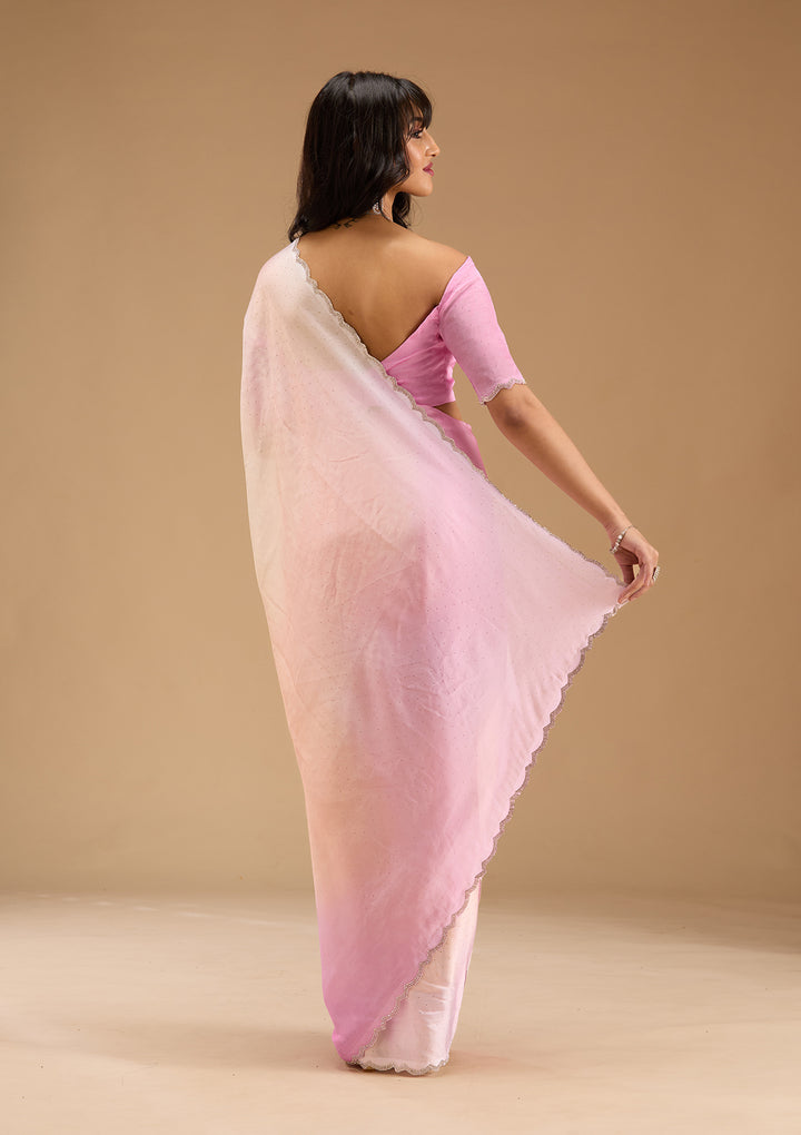 Baby Pink Silver Stonework Satin Saree