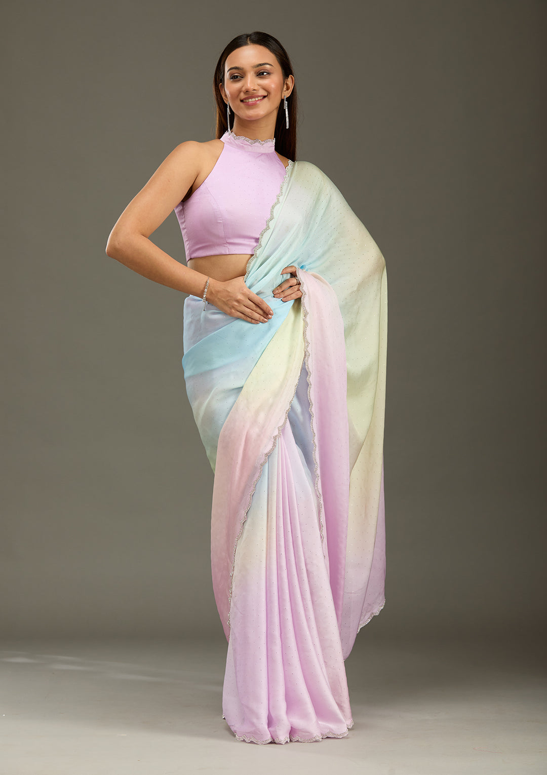 Lavender Stonework (Silver) Satin Saree