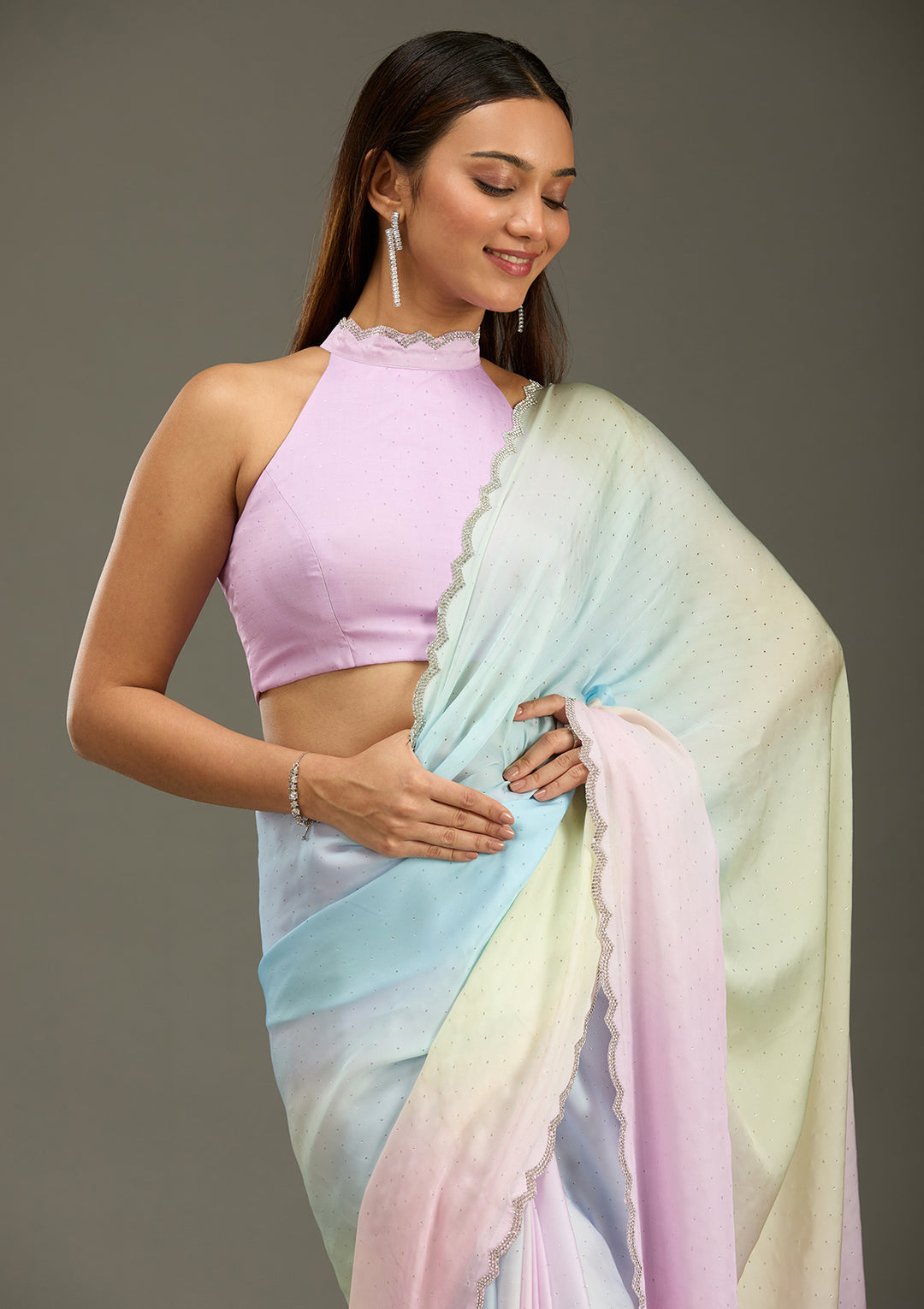 Lavender Stonework (Silver) Satin Saree