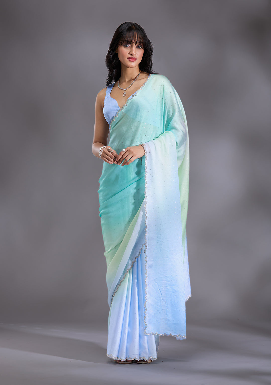 Sky Blue Silver Stonework Satin Saree