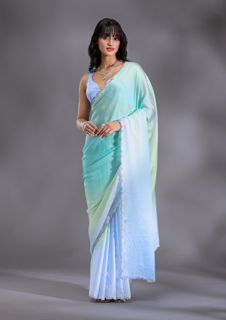 Sky Blue Silver Stonework Satin Saree