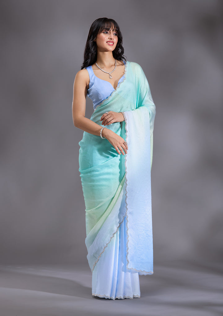Sky Blue Silver Stonework Satin Saree