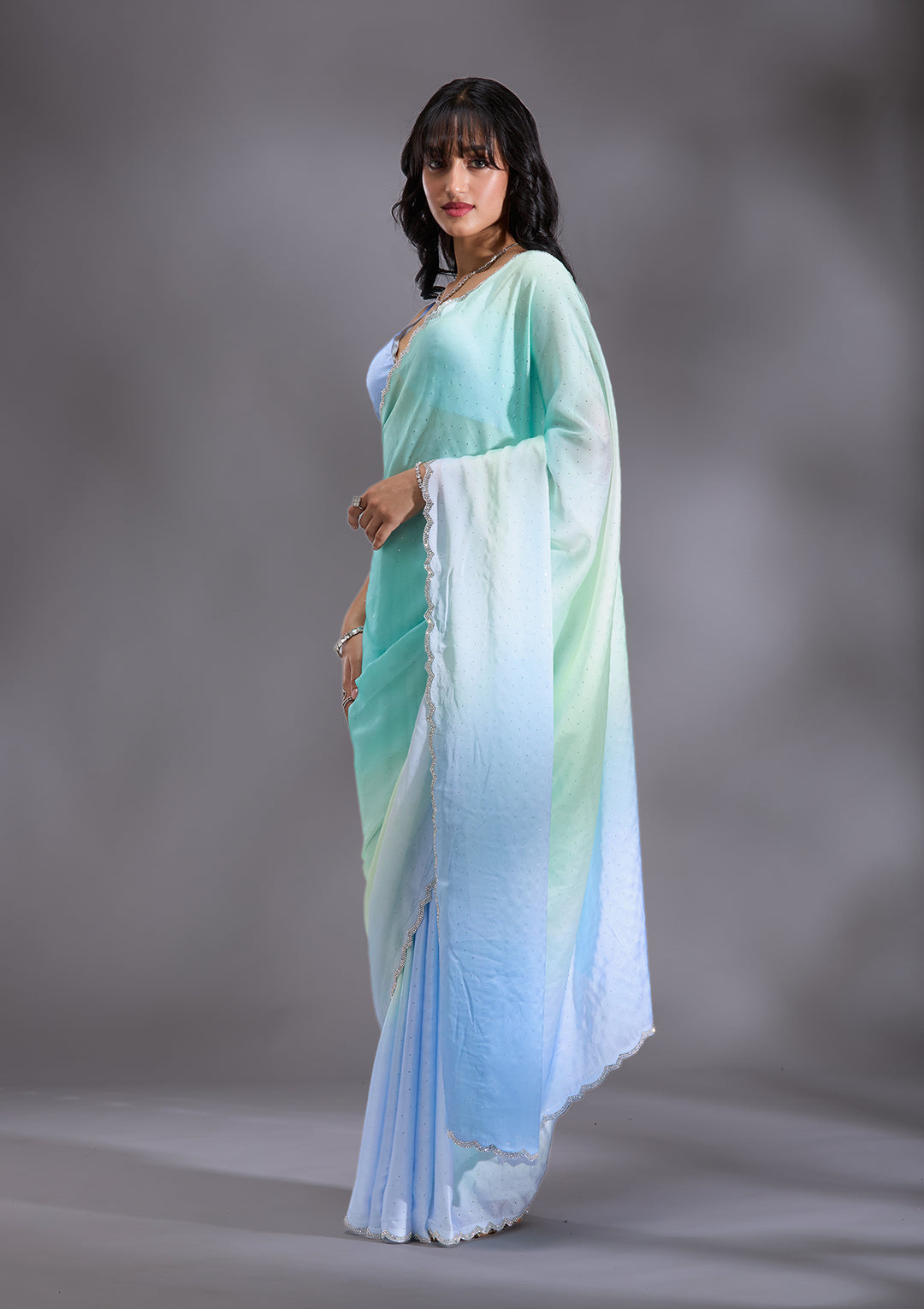 Sky Blue Silver Stonework Satin Saree