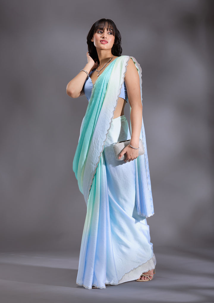 Sky Blue Silver Stonework Satin Saree
