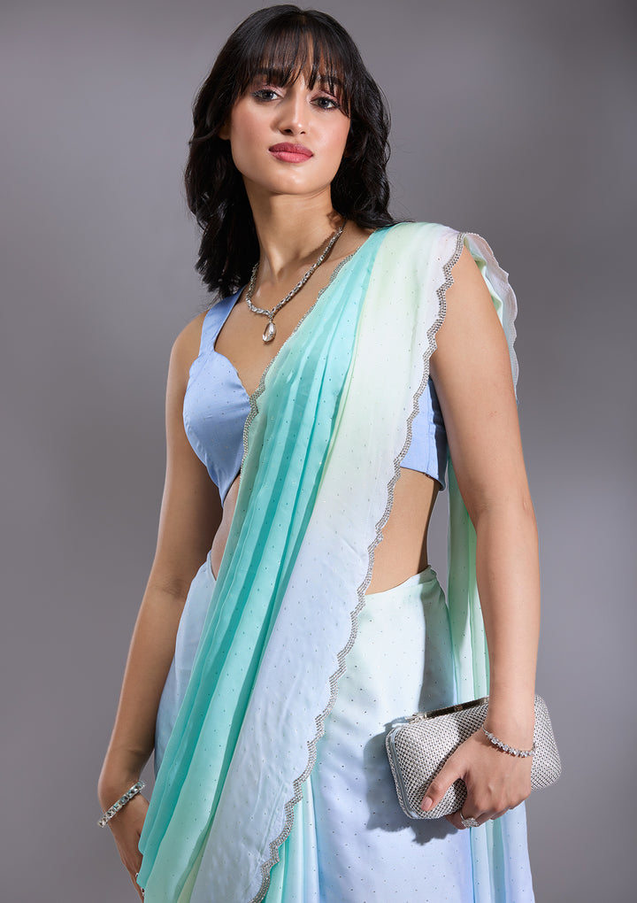 Sky Blue Silver Stonework Satin Saree