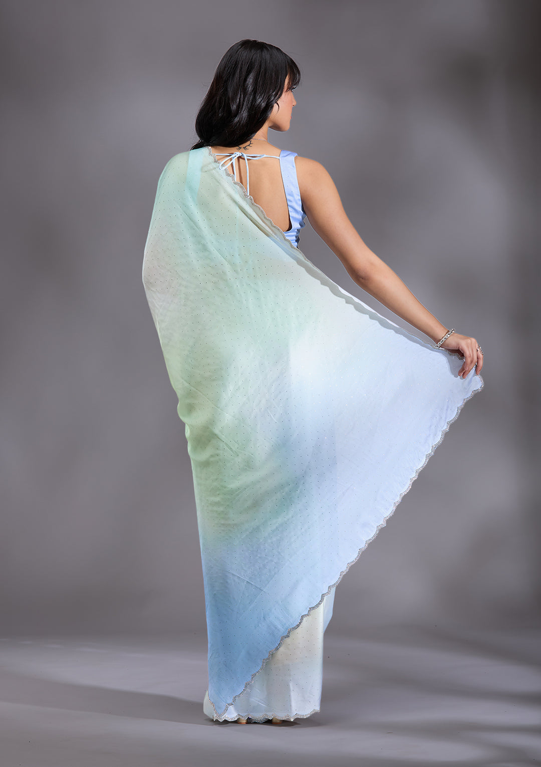 Sky Blue Silver Stonework Satin Saree