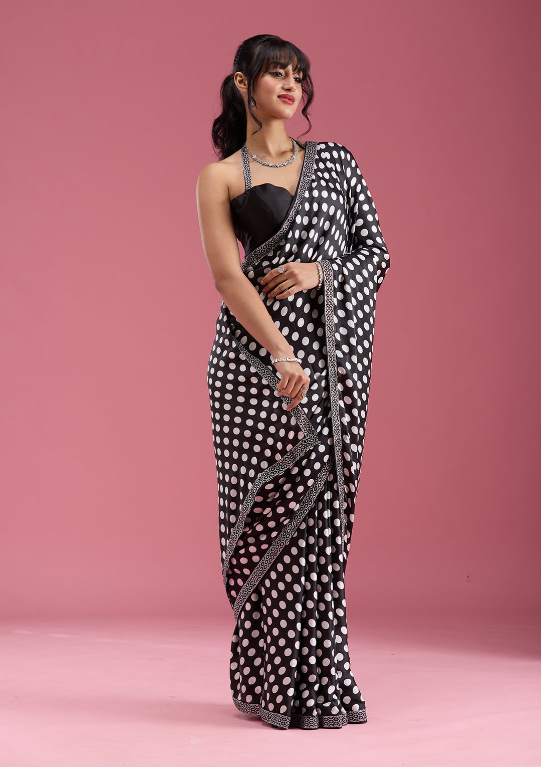Black Silver Stonework Satin Saree