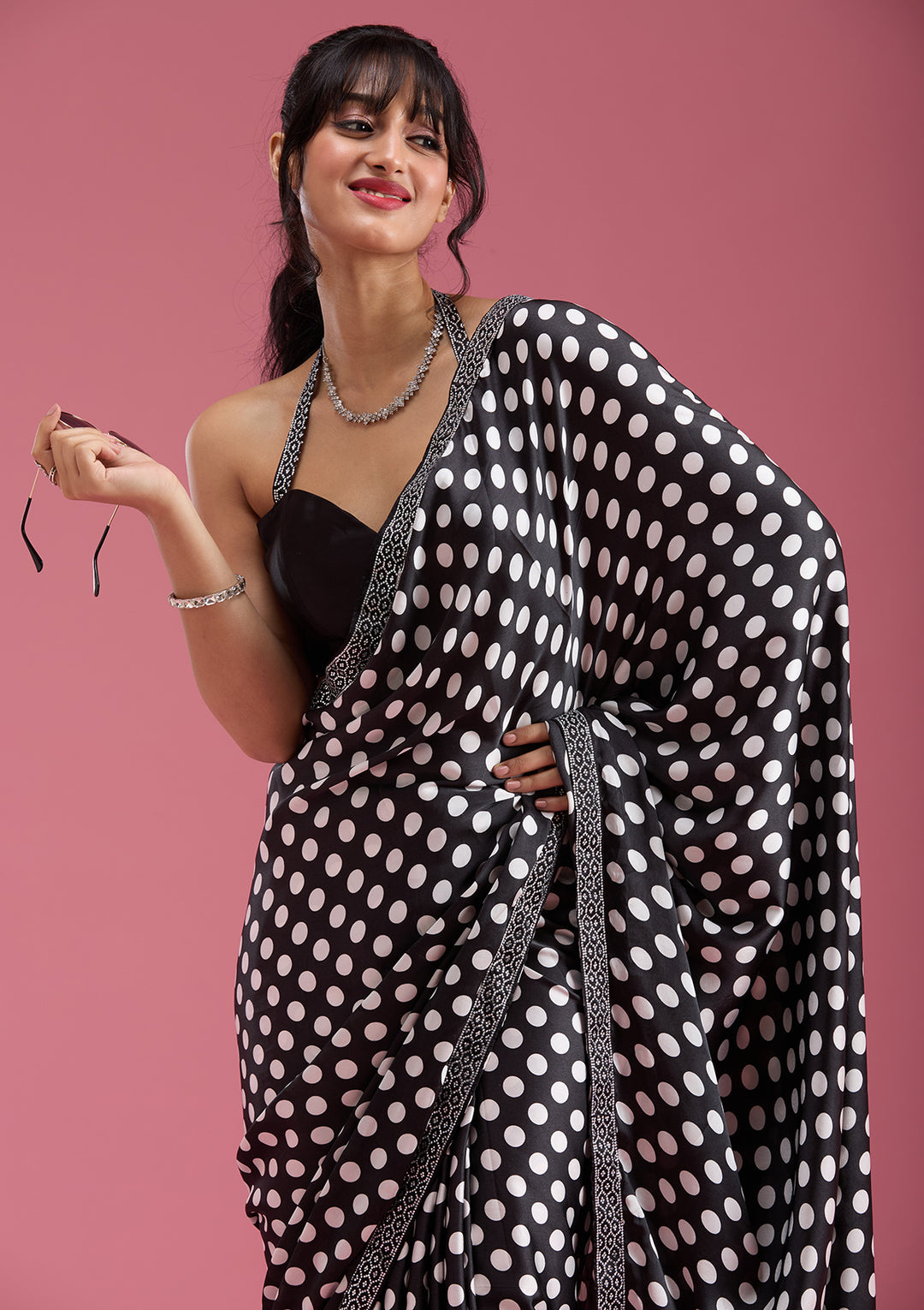 Black Silver Stonework Satin Saree