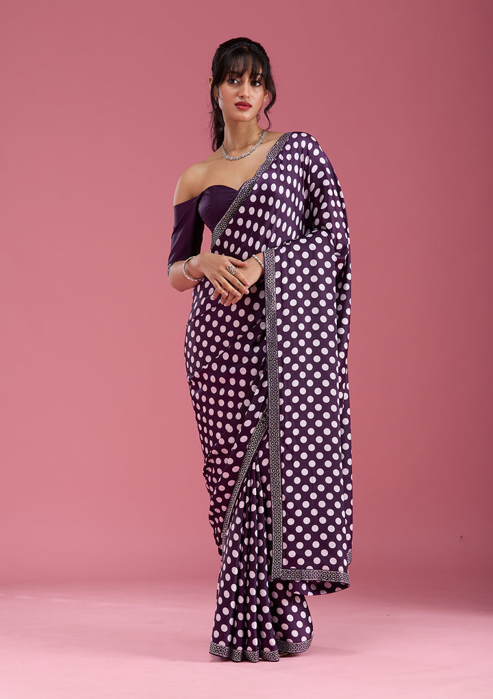 Purple Silver Stonework Satin Saree