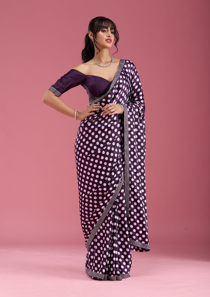 Purple Silver Stonework Satin Saree