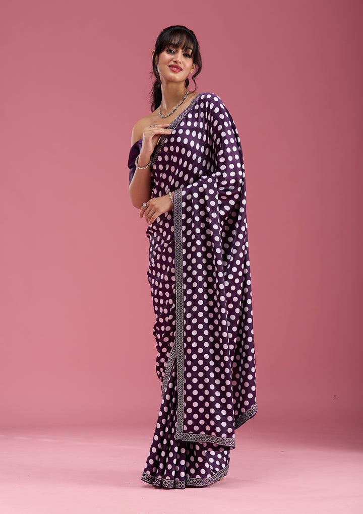 Purple Silver Stonework Satin Saree