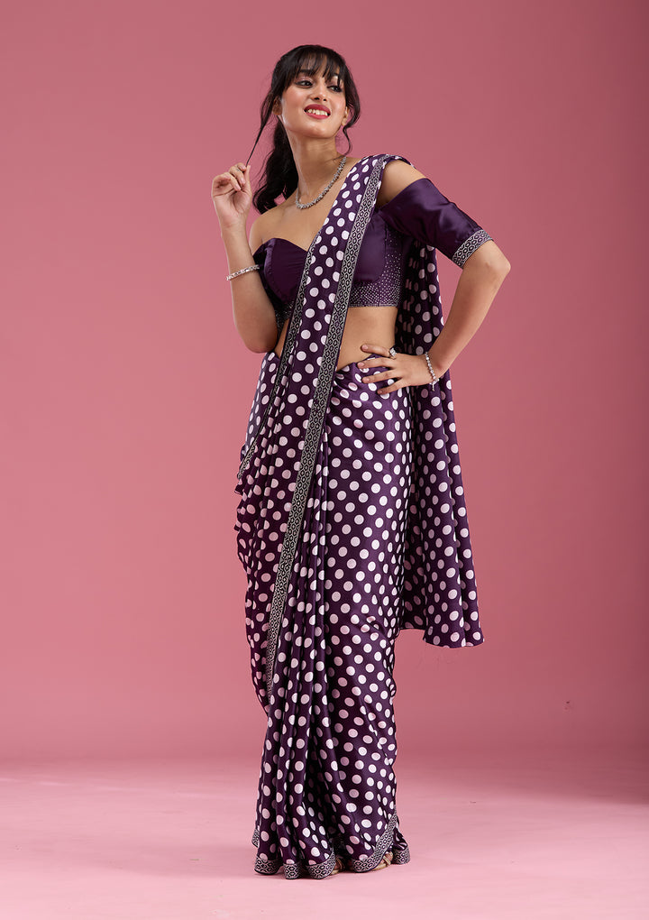Purple Silver Stonework Satin Saree