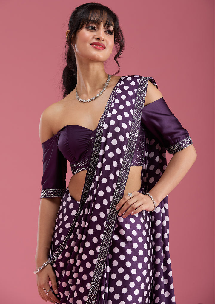 Purple Silver Stonework Satin Saree