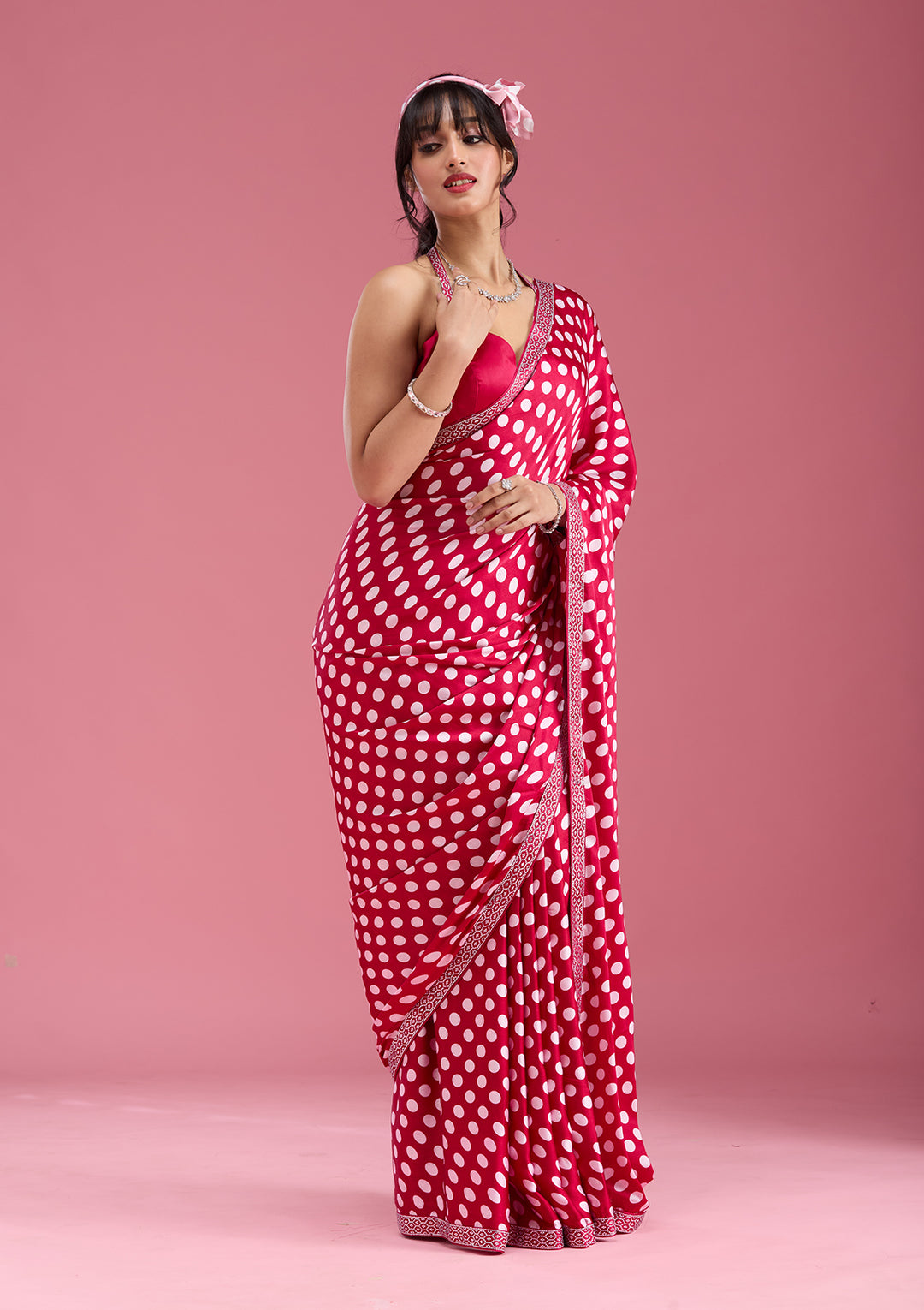 Rani Pink Silver Stonework Satin Saree