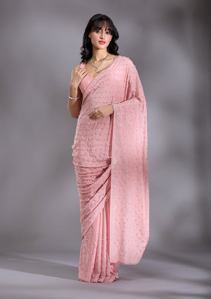 Peach Pearlwork Chiffon Saree