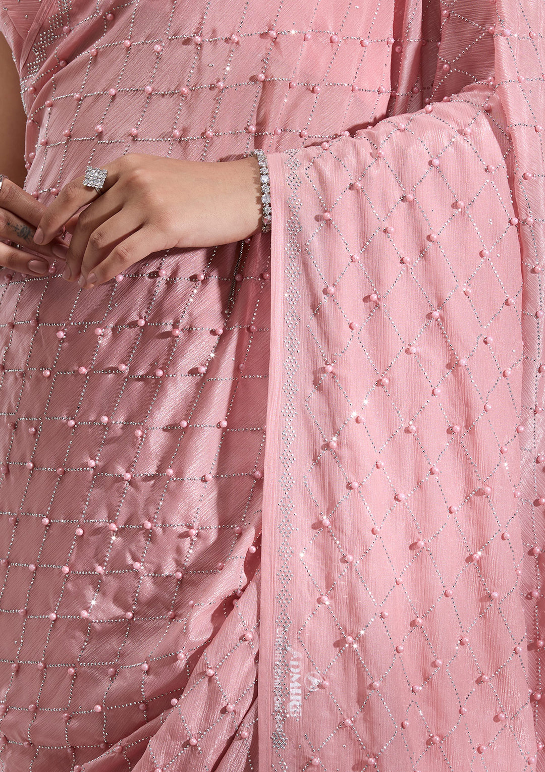 Peach Pearlwork Chiffon Saree
