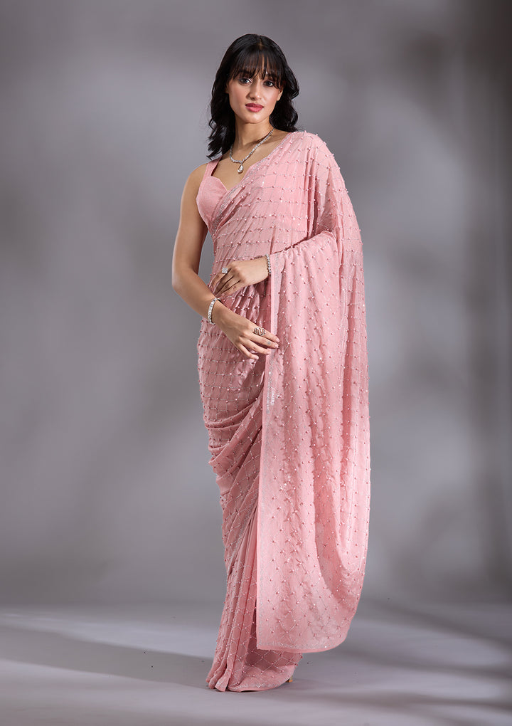 Peach Pearlwork Chiffon Saree